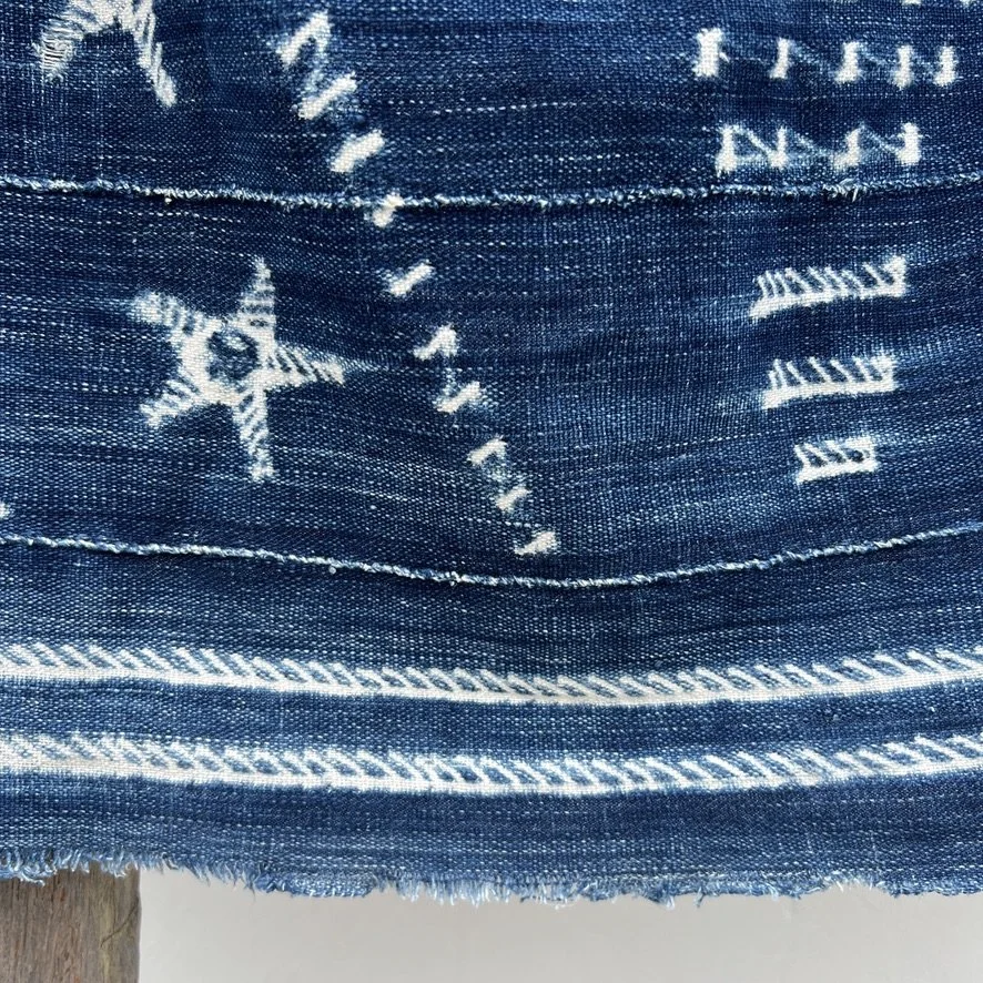 Mali indigo cloth star resist-dye pattern frayed edge