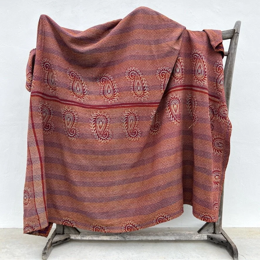 Large Kantha blanket Bangladesh Fair Trade burgundy hand-embroidered reverse sideways