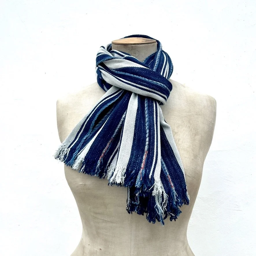 Striped Indigo Scarf with embroidered detail on model twice