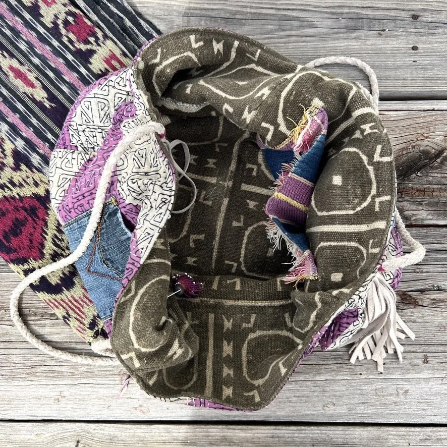 Reversible beach bag mud cloth both sides