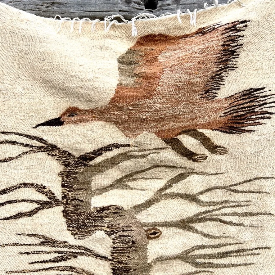 South American vintage bird and tree tapestry pink closeup bird