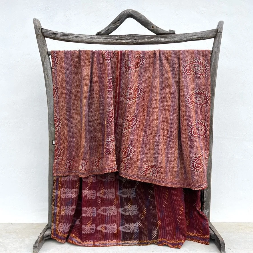 Large Kantha blanket Bangladesh Fair Trade burgundy hand-embroidered reverse