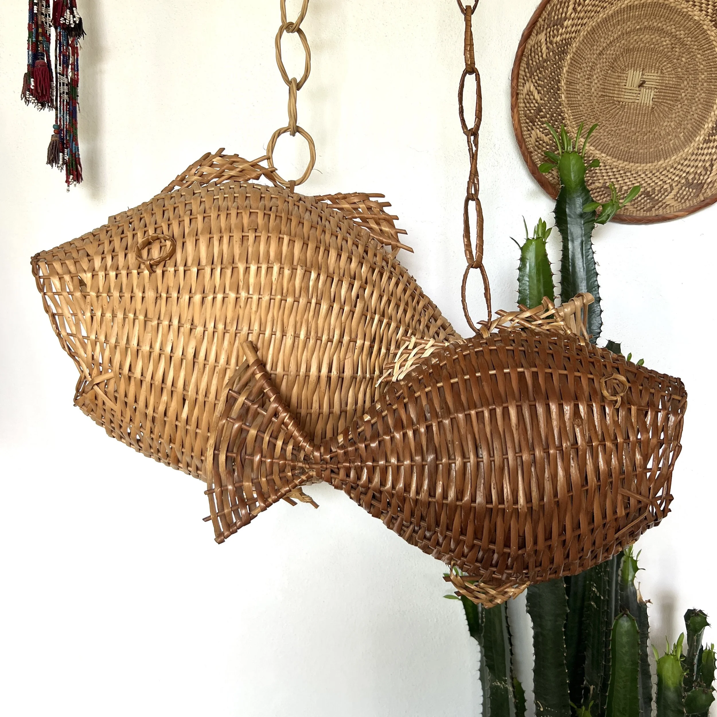 vintage rattan fish pendant with larger fish pendant and cactus