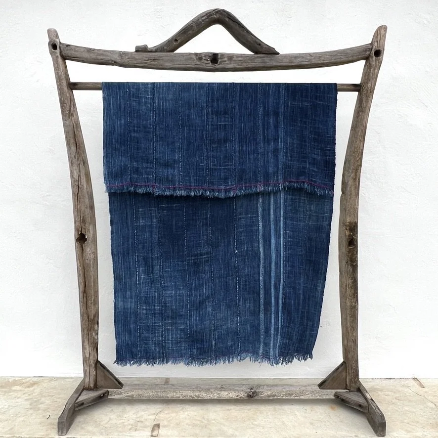 vintage indigo cloth Mali with hand-stitched detail hanging