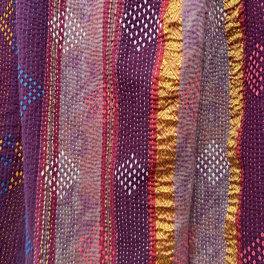 Large Kantha blanket Bangladesh Fair Trade eggplant hand-embroidered closeup front
