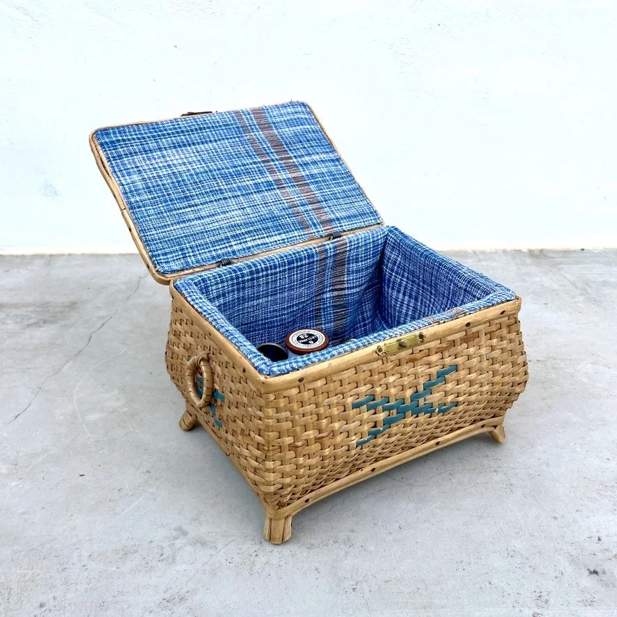 small vintage rattan sewing basket with sewing accessories lid open