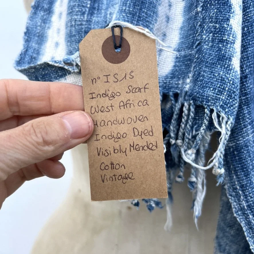 Vintage indigo scarf resist dye mustard thread label