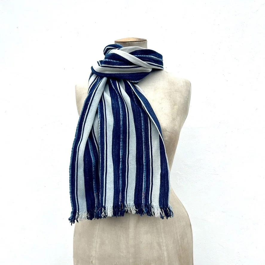 Striped Indigo Scarf with embroidered detail on model once