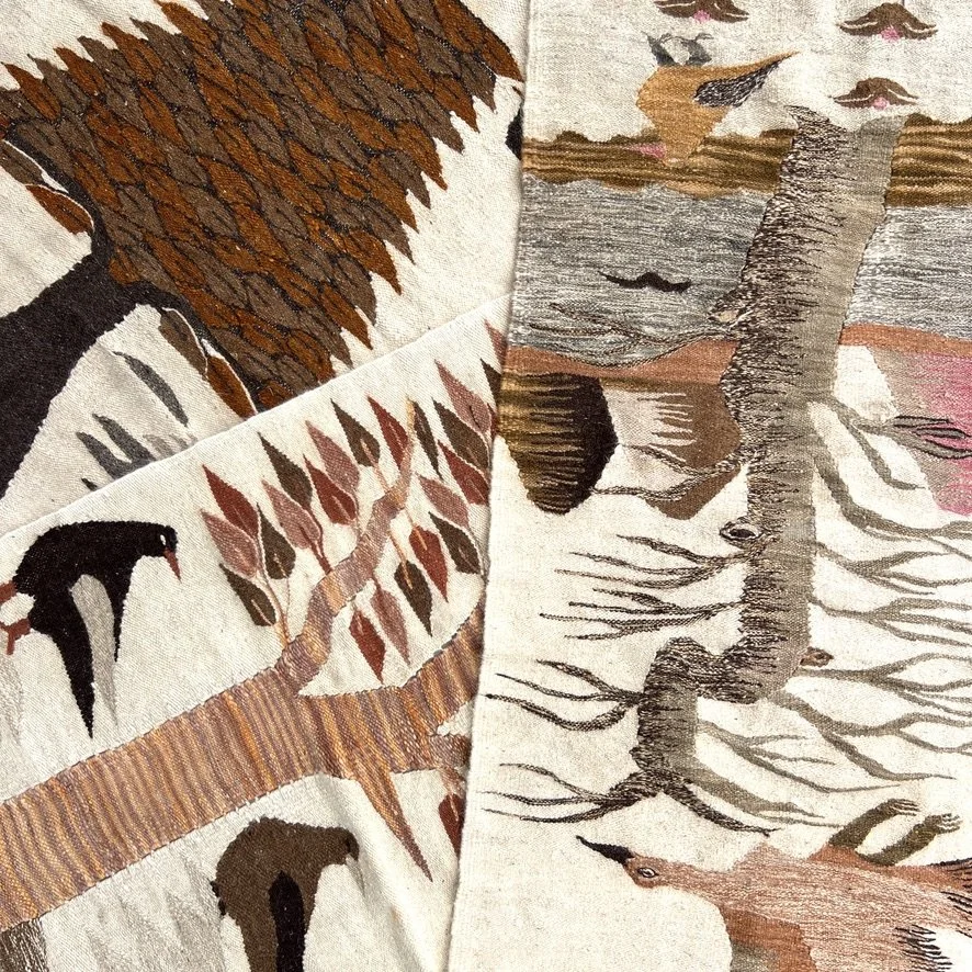 South American vintage bird and tree tapestry pink with other rugs