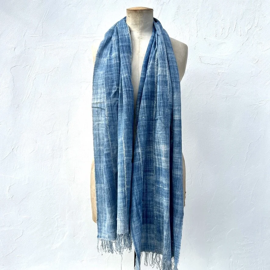 faded vintage mossi indigo scarf burkina faso on model 1