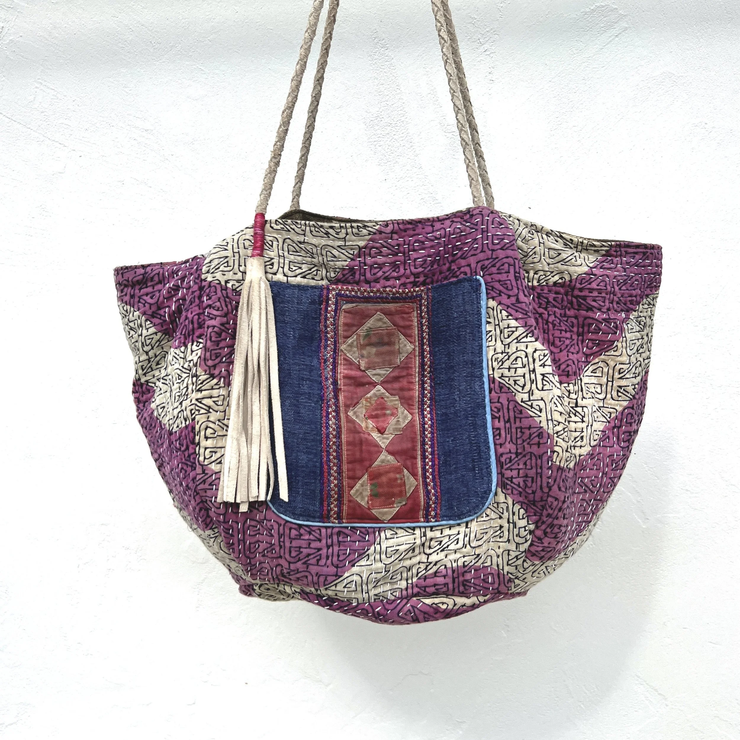 Reversible beach bag mud cloth Kantha Hmong pocket