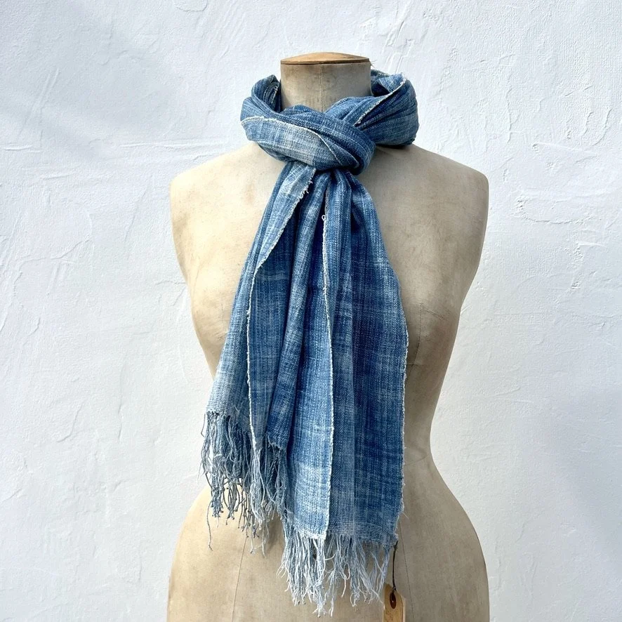 faded vintage mossi indigo scarf burkina faso on model 2