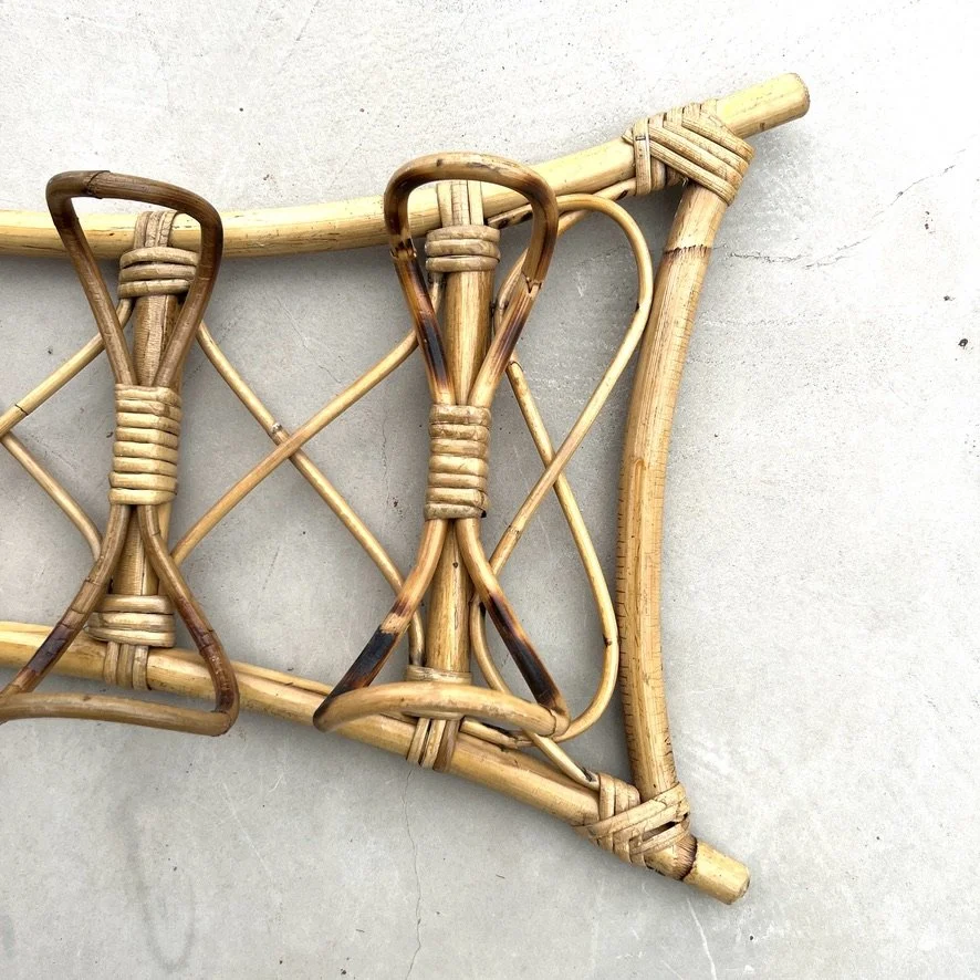 Vintage rattan coat rack closeup 2