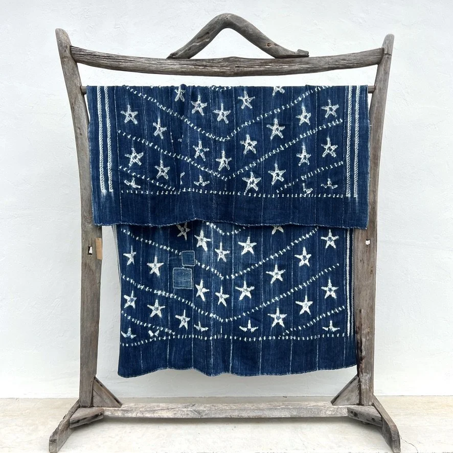 Mali indigo cloth star resist-dye pattern hanging