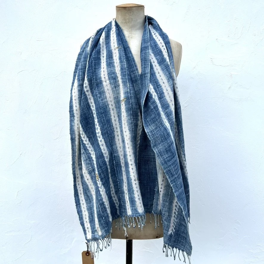 Vintage indigo scarf resist dye mustard thread on model 2