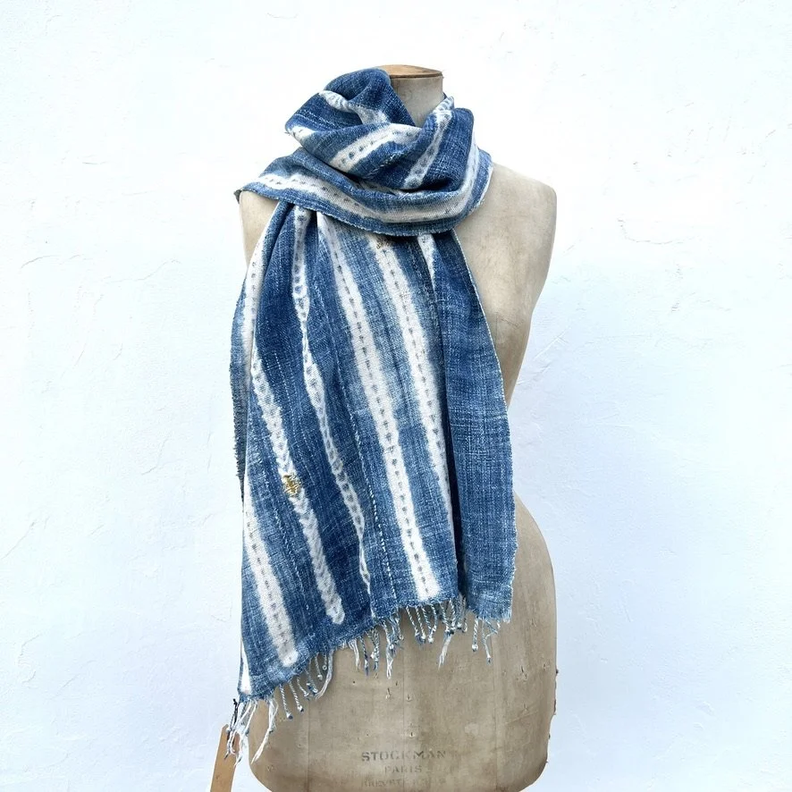 Vintage indigo scarf resist dye mustard thread on model 1