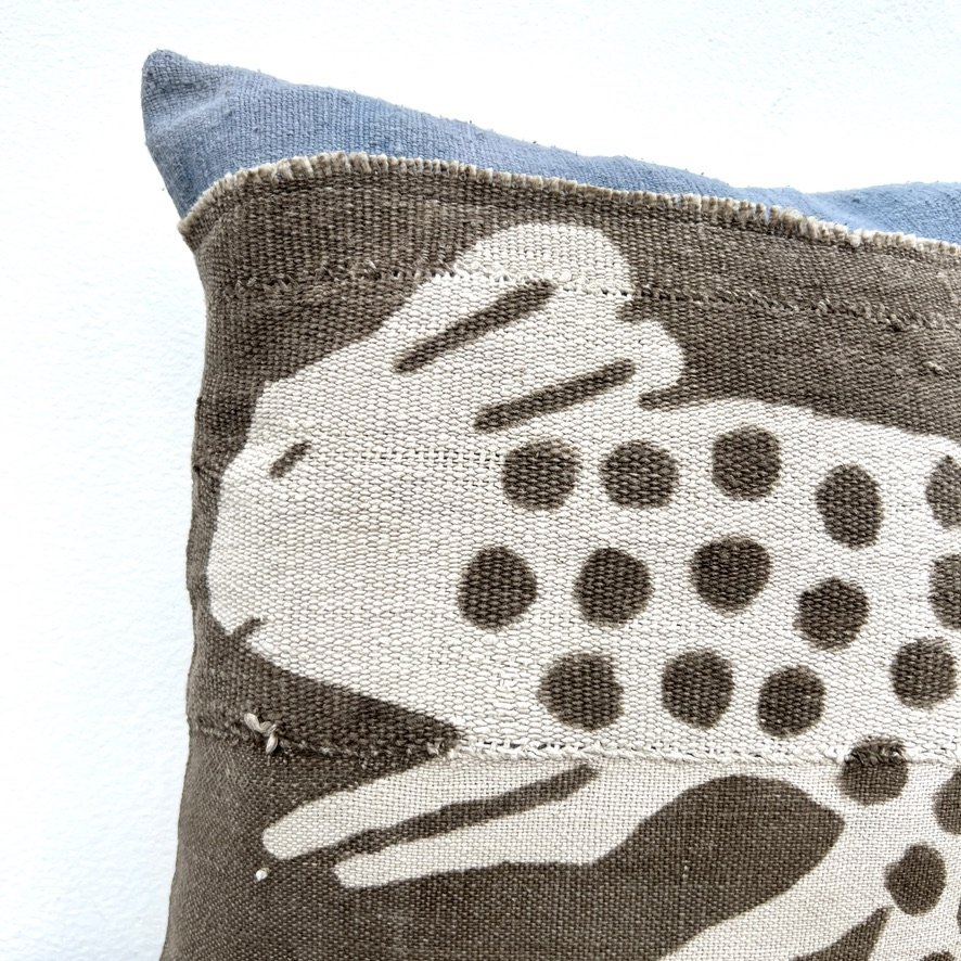 Mali mud cloth cushion cover with bunny motif closeup