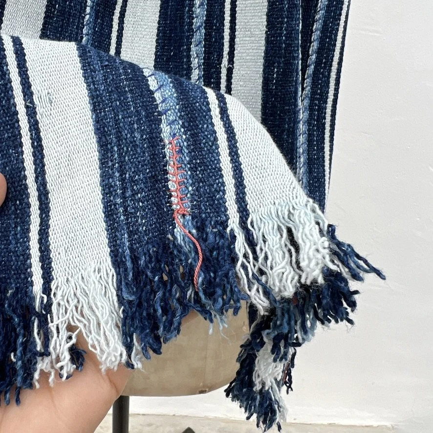 Striped Indigo Scarf with embroidered detail closeup