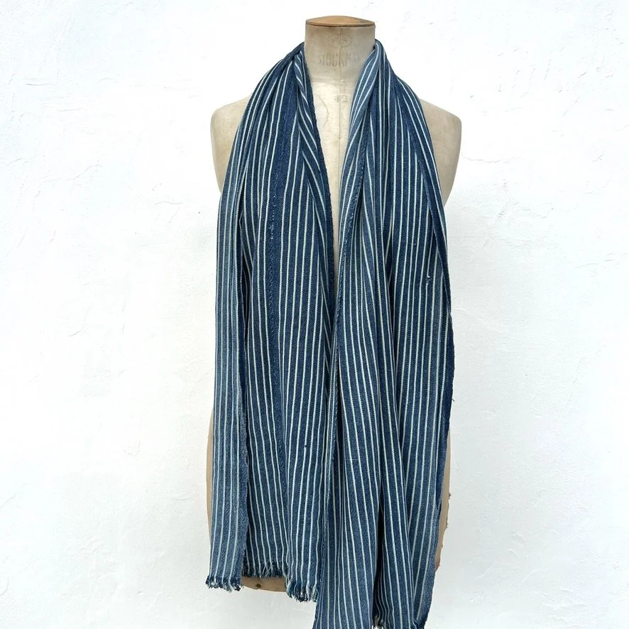 Striped Indigo Scarf large on model 1