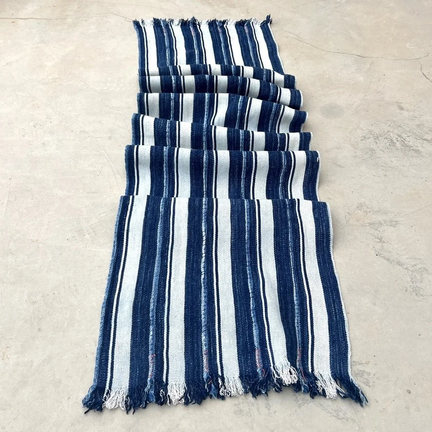 Striped Indigo Scarf with embroidered detail full length