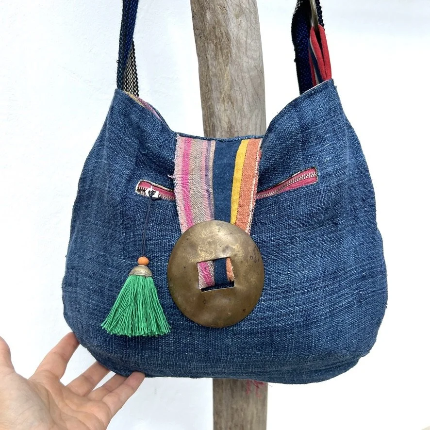 Reversible cross-body bag ethnic textiles blue hemp side