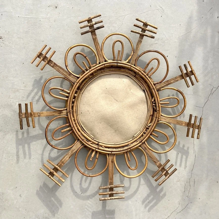 Vintage rattan sun mirror backside