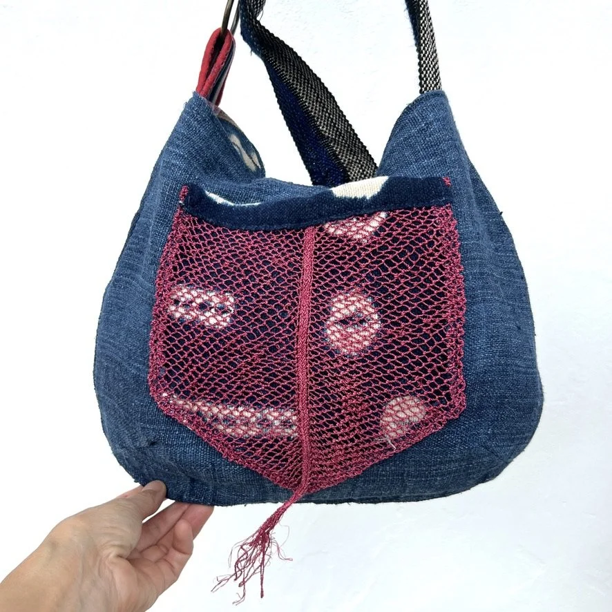 Reversible cross-body bag ethnic textiles blue hemp backside