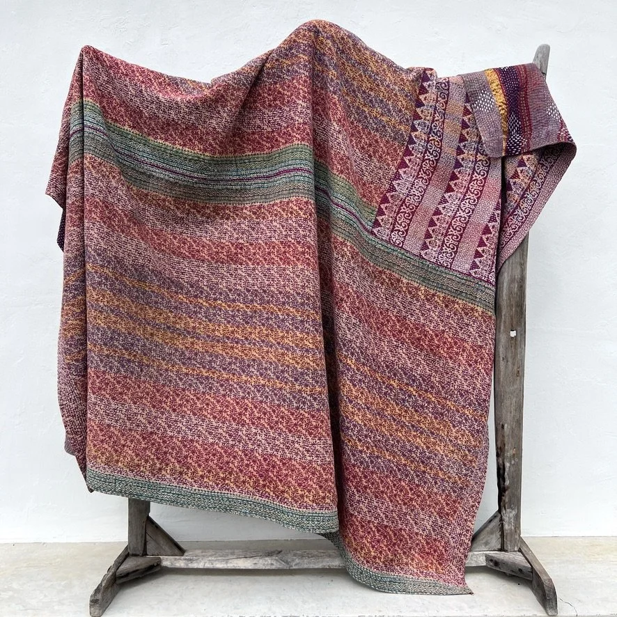 Large Kantha blanket Bangladesh Fair Trade eggplant hand-embroidered reverse