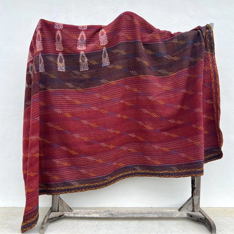 Large Kantha blanket Bangladesh Fair Trade burgundy hand-embroidered hanging sideways