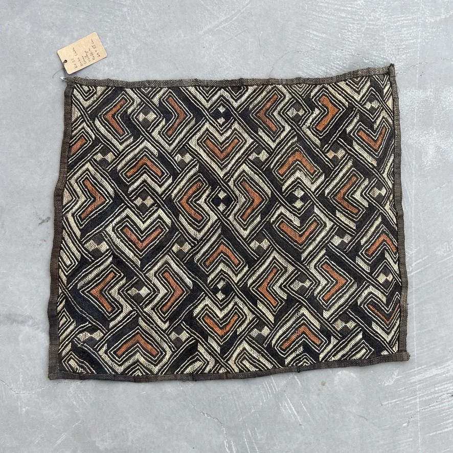 Square Kuba cloth from Congo with heart pattern in black, brown and beige main