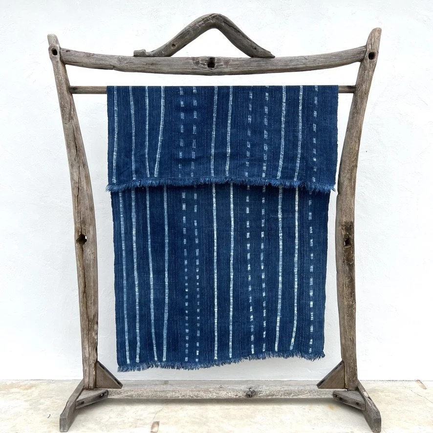 Vintage indigo cloth Mali resist-dyed dots and stripes hanging
