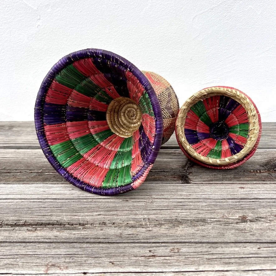 Vintage Ethiopian pedestal basket with lid inside view
