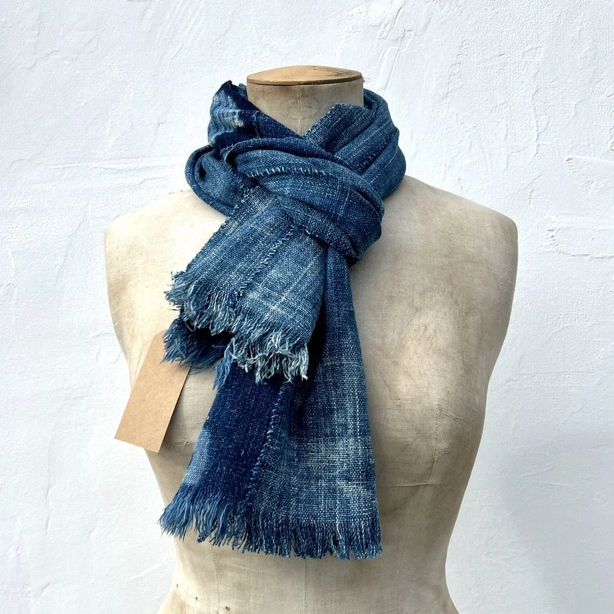 indigo scarf mali fish patch on model 2