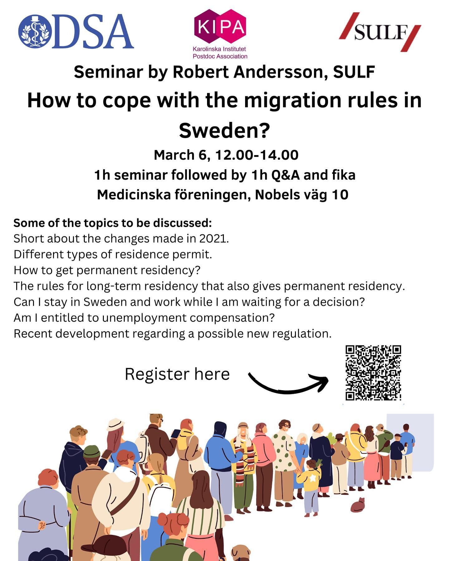 @dsa.karolinska, SULF and KIPA are co-hosting an informative talk on how handle/plan permit applications based on the new migration rules for PhD students/researchers. Register here - https://tinyurl.com/bd2xsbpp

Topic: Handling permit applications 