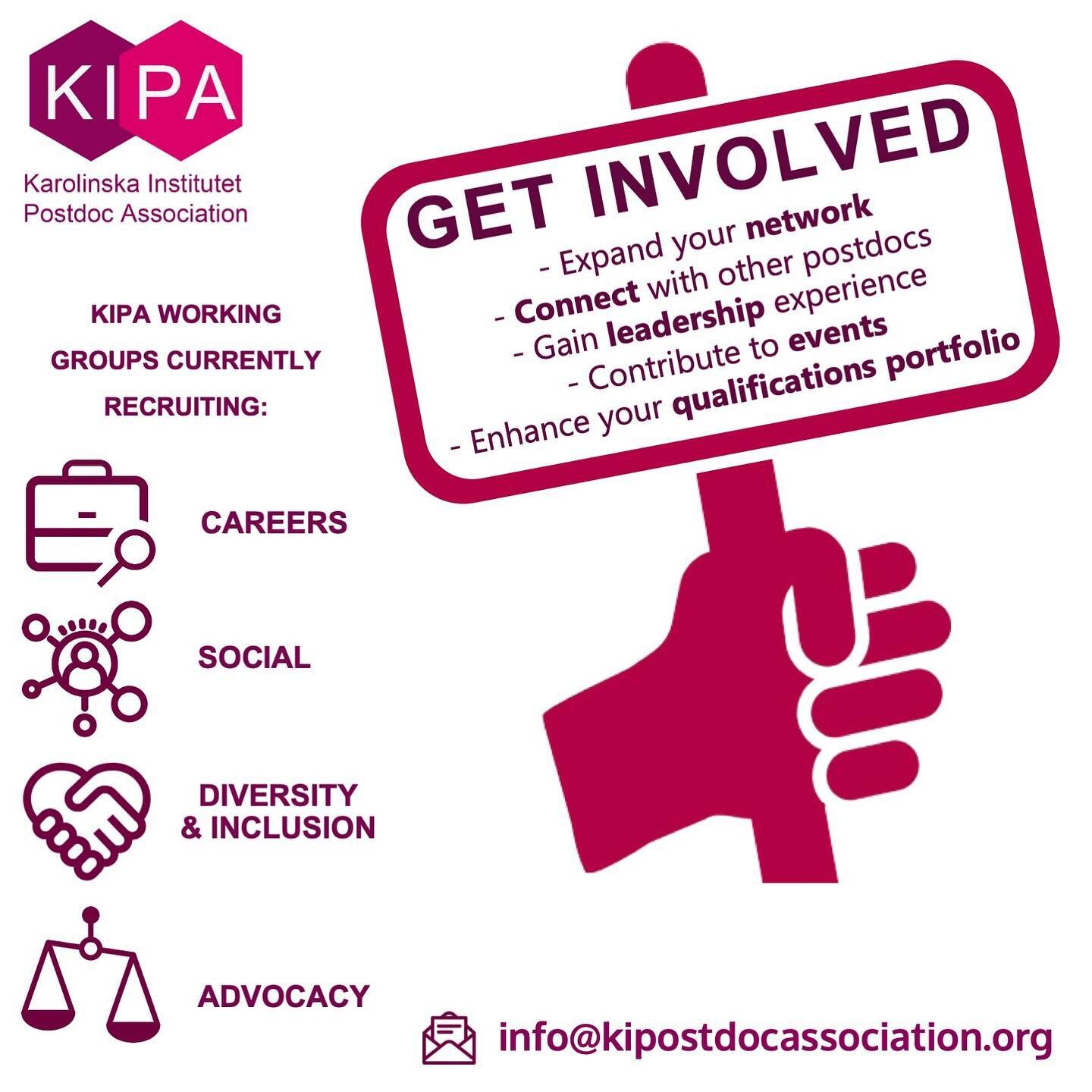 KIPA needs volunteers! Come join us at KIPA! It's a fun, meaningful, and fulfiling experience. Expand your network, gain additional skills professionally and socially, and create your impact on the KI postdoc community. Reach us at info@kipostdocasso
