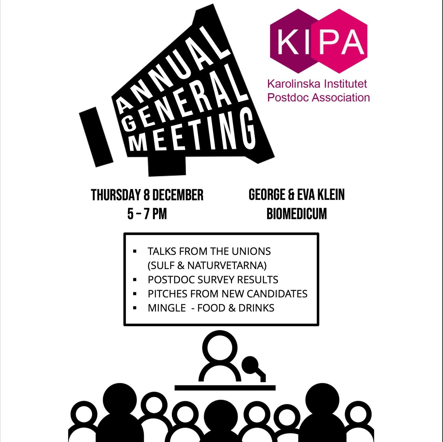 KIPA's Annual General Meeting is coming up soon!

We will have speakers from 3 invited unions - @akademikerna Saco, SULF, and @naturvetarna. Followed by a presentation from our chair and vice-chairs on KIPA&rsquo;s activities and postdoc survey resul
