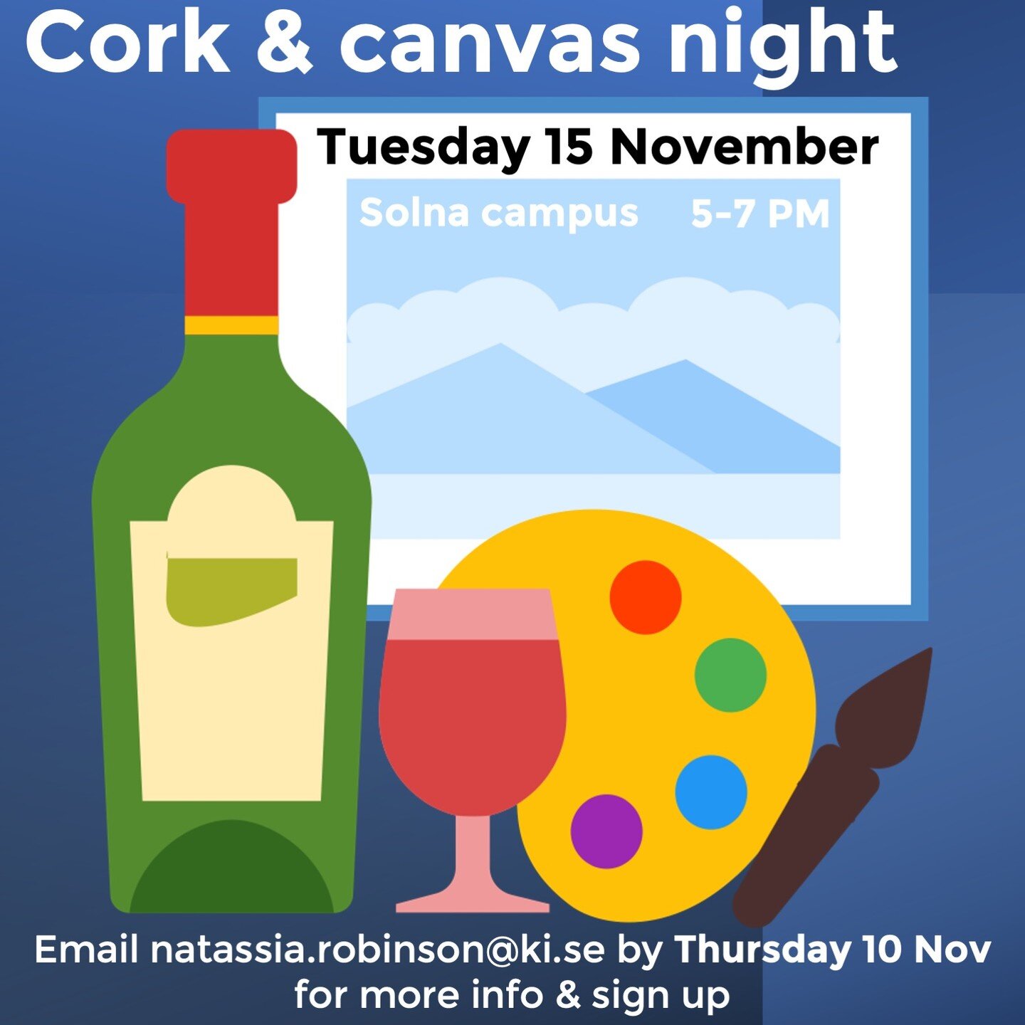 Next Tuesday we're hosting a cork &amp; canvas evening, sign up to reserve your spot by Thursday! For 400kr you get a 2 hour painting session with an experienced artist, plus wine and pizza. We'll be painting an image of the Northern lights using acr