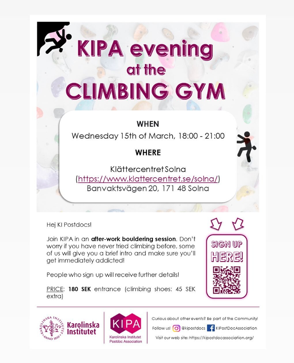 Join KIPA in an after-work bouldering session this Wednesday evening! Sign up now - https://tinyurl.com/2x7ake7v