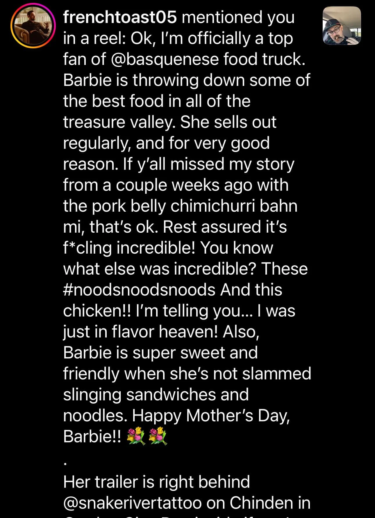 Screenshot of an Instagram story text post praising a Basque food truck and its food, especially chicken and pork belly chimichurri, with emojis and a mention of Mother's Day.