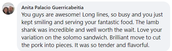 Text message praising food and service, mentioning lamb shank and pork.