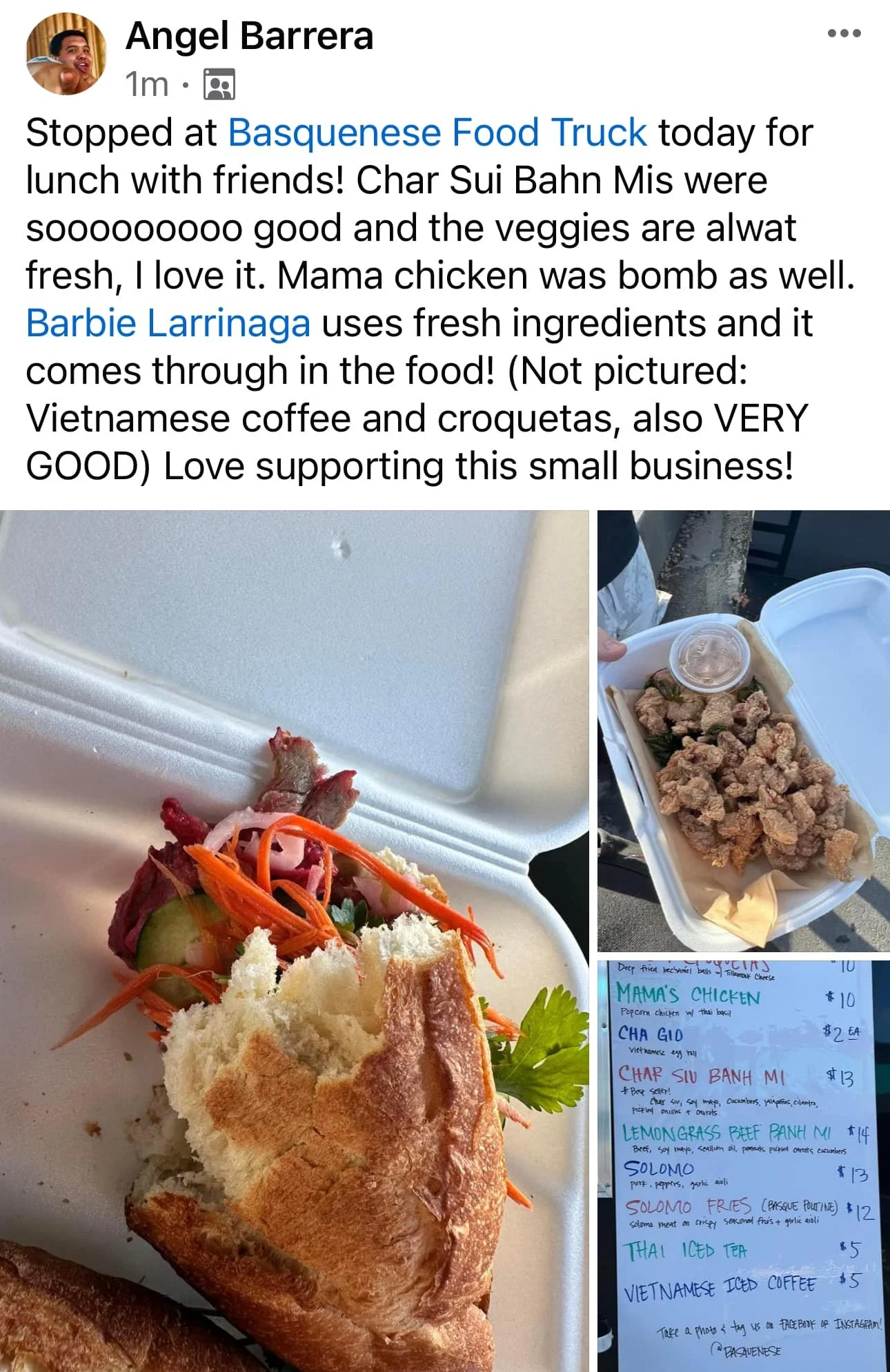 A photo of Vietnamese food and a menu from Basquenese Food Truck. The plate contains a sandwich with bread, vegetables, and possibly chicken, and the side of fried chicken in a takeout container. The menu lists various Vietnamese dishes including chicken, egg roll, lemongrass beef, and Vietnamese iced coffee.