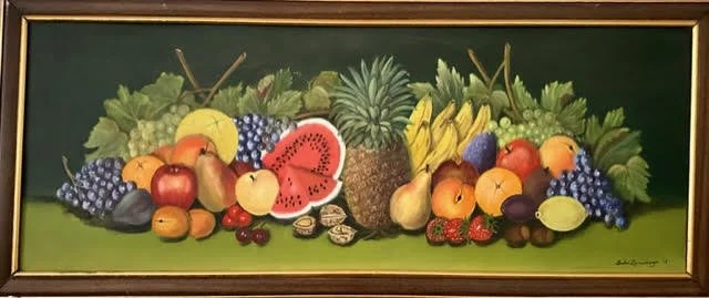 A still life painting of various fruits including pineapple, watermelon, bananas, apples, grapes, berries, and other tropical fruits on a green surface.
