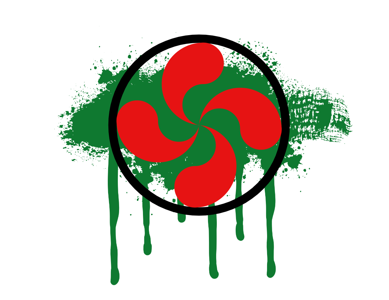 Street art stencil of a black circle, filled with swirling red and green shapes, over green paint splatters.