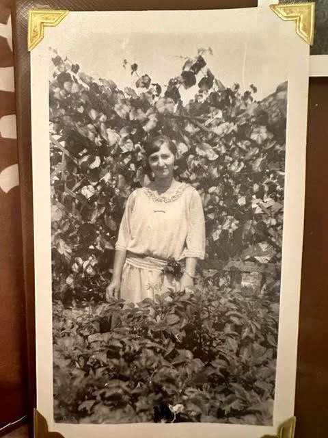 A young woman standing in a garden full of leafy plants, posing for a black-and-white photo, wearing a dress with ornate collar details.