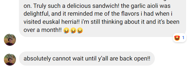 Screenshot of a text conversation with comments about a garlic aioli sandwich and emojis expressing excitement.