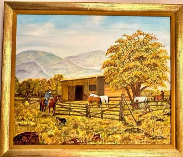 Painting of a countryside scene with a wooden barn, several horses, a person on horseback, and trees with autumn foliage, set against mountains and a cloudy sky.
