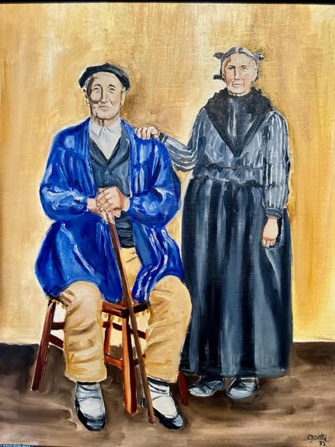 A painted portrait of an elderly man sitting on a chair and an elderly woman standing beside him, both dressed in old-fashioned clothing, in front of a plain yellow background.