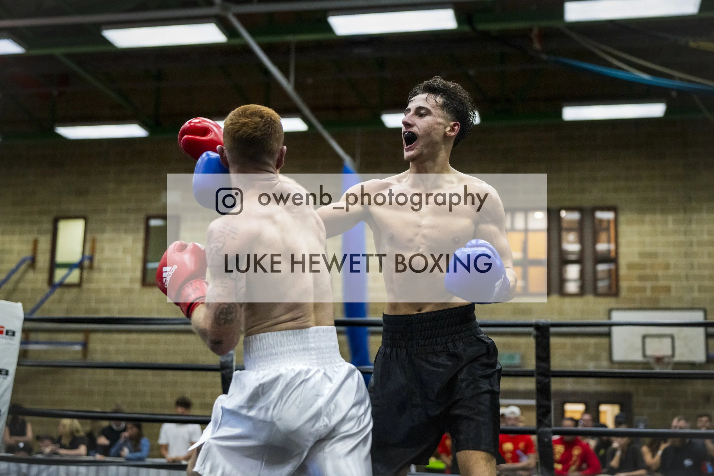 Two shirtless male boxers wearing gloves and shorts face each other inside a boxing ring during a match, under bright ceiling lights.
