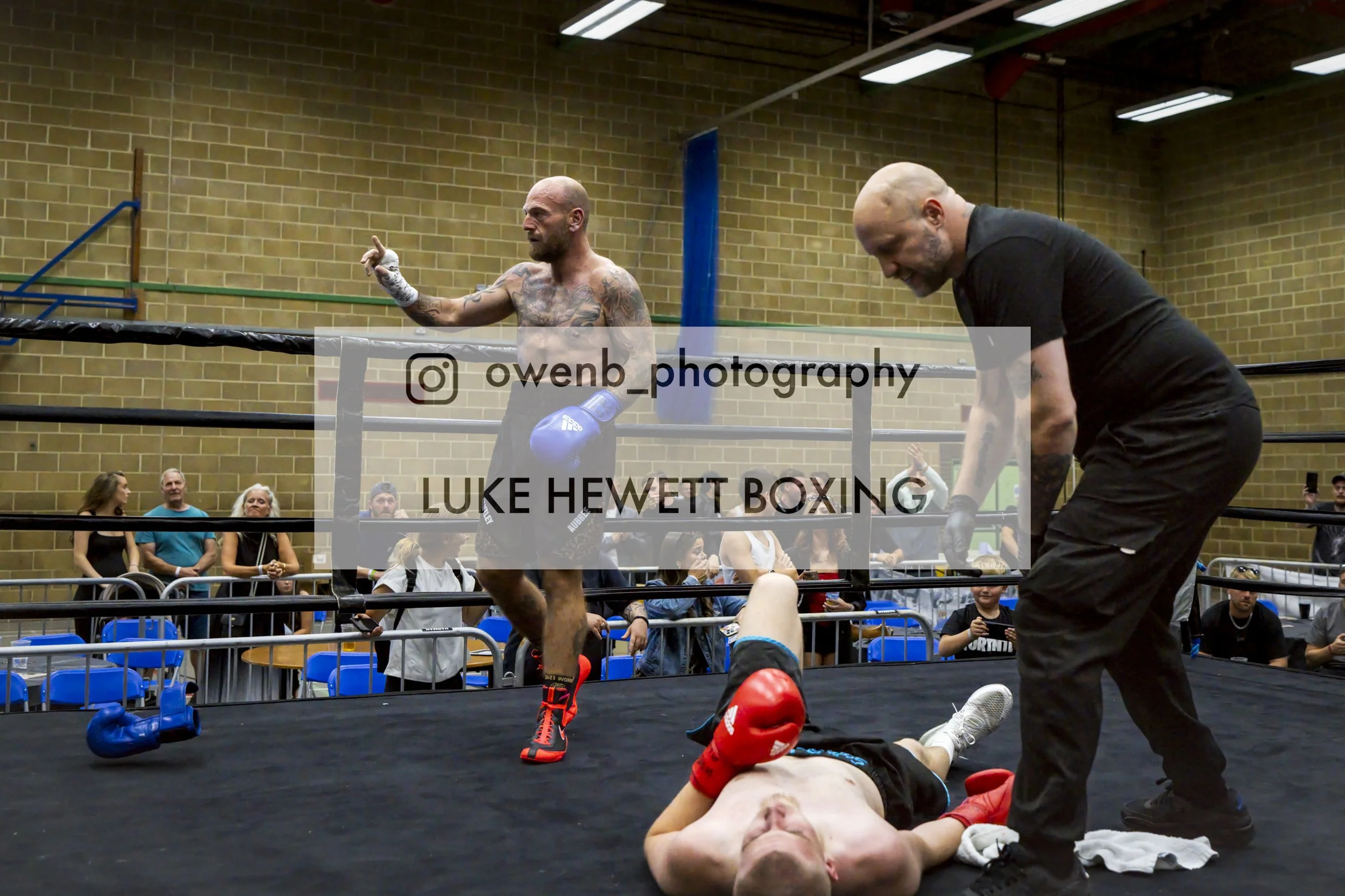 A boxing match in a gym with a fighter on the ground after a knockout, two men are in the ring, one is holding a towel and spatula, the background shows spectators watching the fight.
