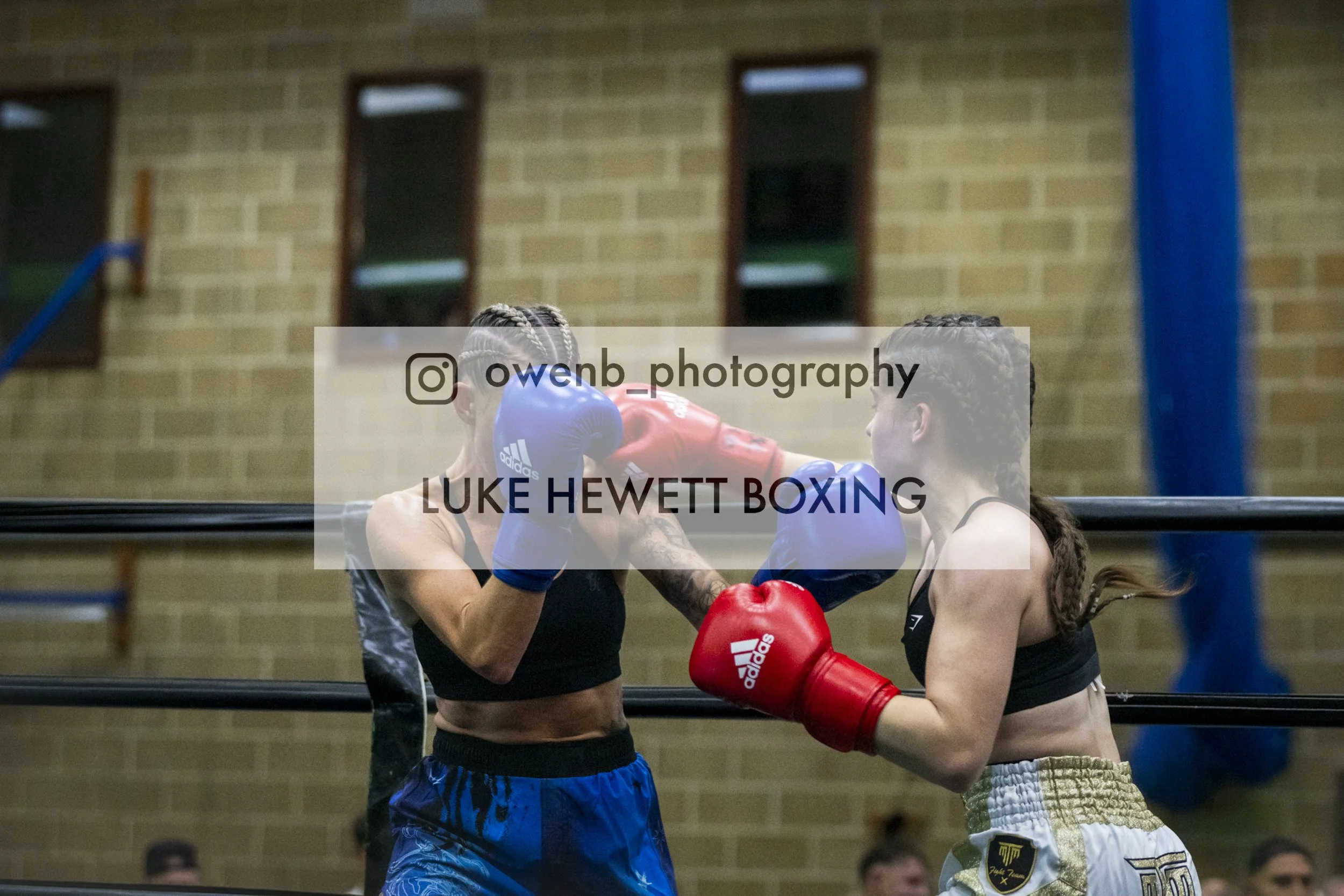 Two women are boxing in a gym, wearing gloves and athletic attire, with one woman appearing to land a punch on the other.